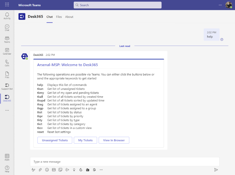 list of agent command options in desk365